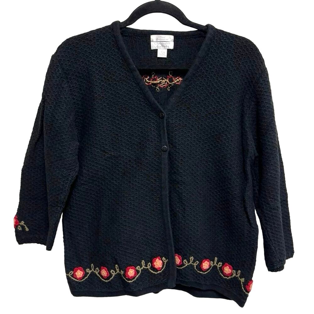 Vintage‎ Christopher Banks Cardigan Large Black Floral Embroidered